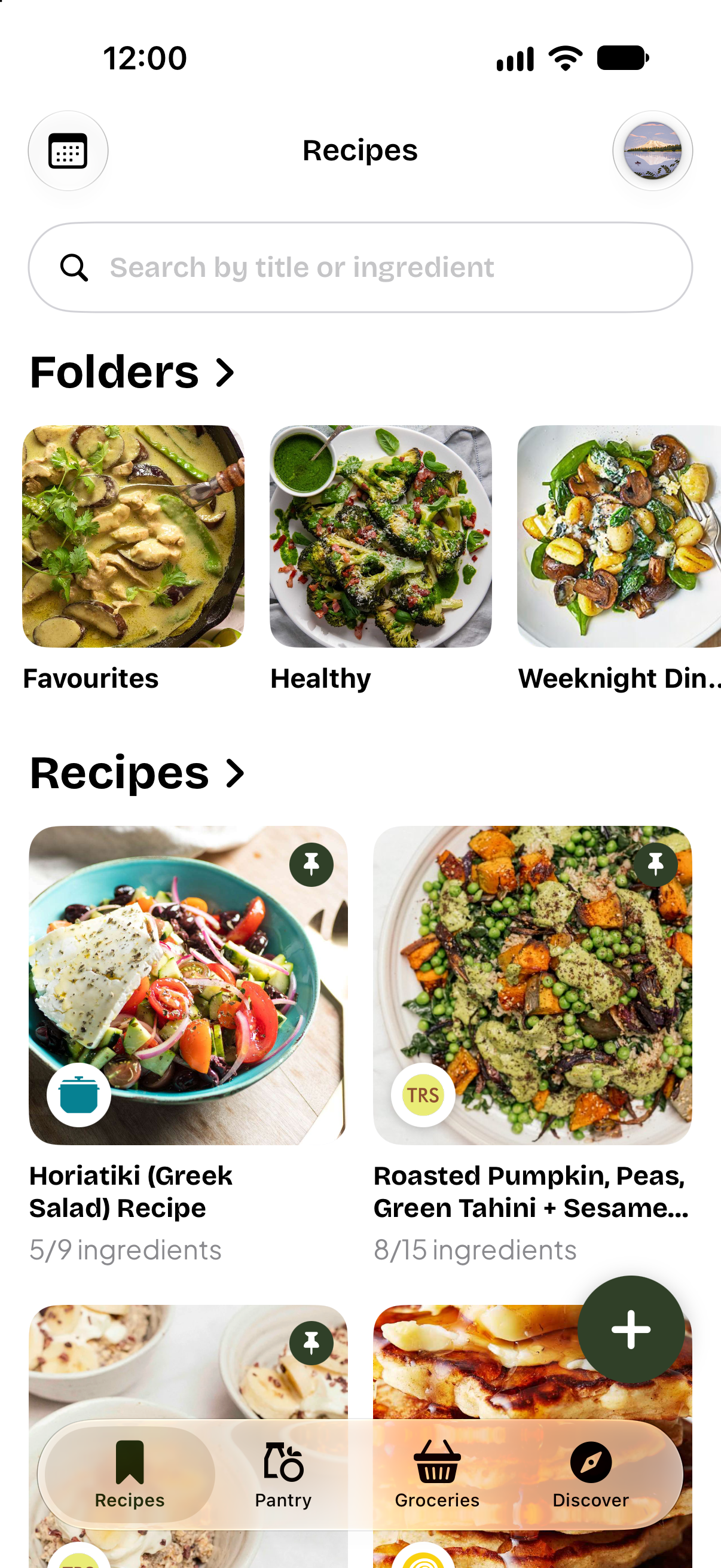 Pantry recipes and folders with pantry match counts